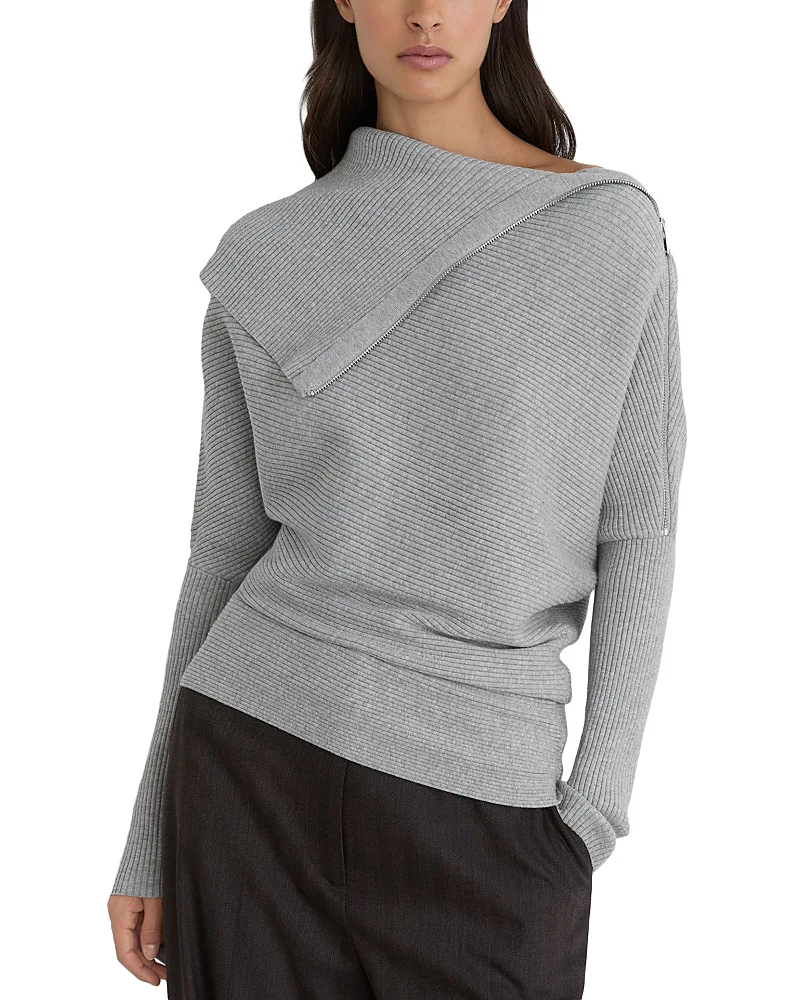 Leena Asymmetric Neck Ribbed Sweater by Reiss
