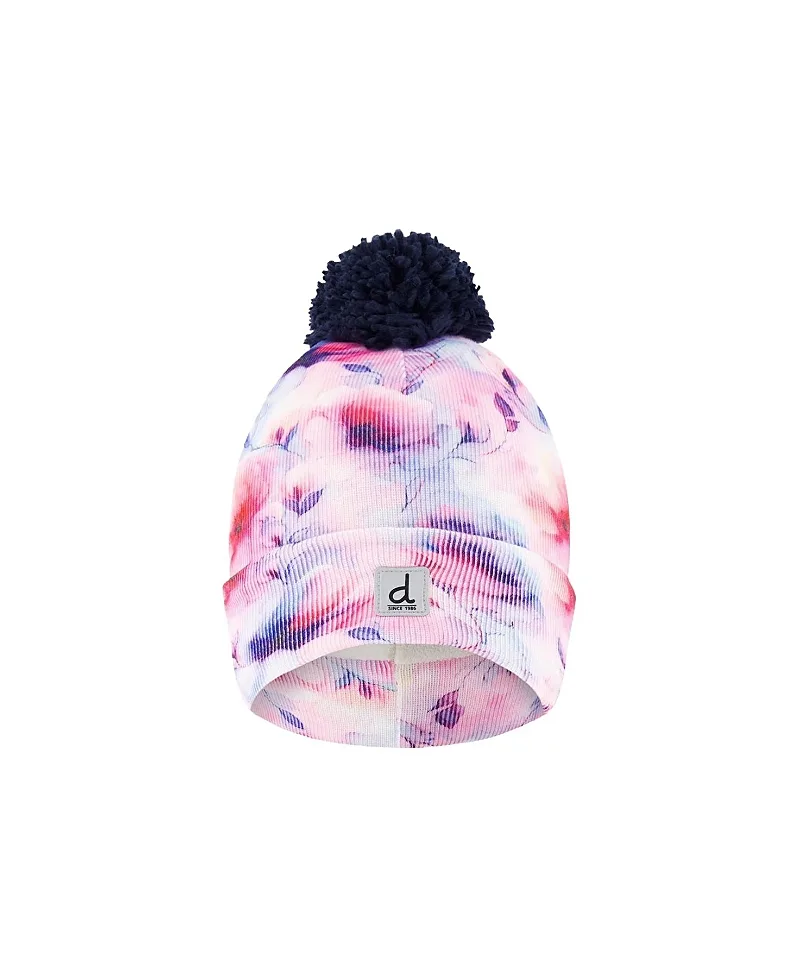 Winter Floral Fleece-Lined Pompom Knit Hat by Deux Par Deux