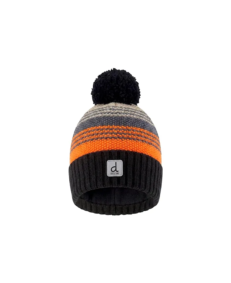 Striped Ribbed Cuff Knit Hat with Pompom by Deux Par Deux