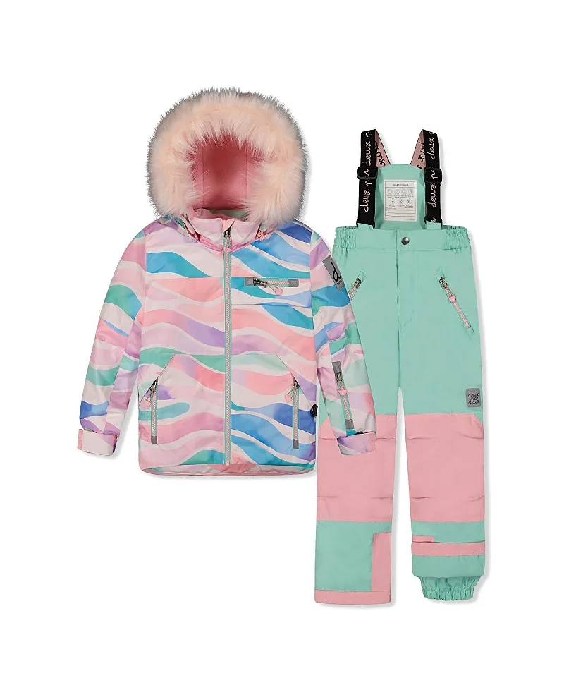 Play Line Print Faux Fur Hood Jacket & Pants Two Piece Snowsuit by Deux Par Deux