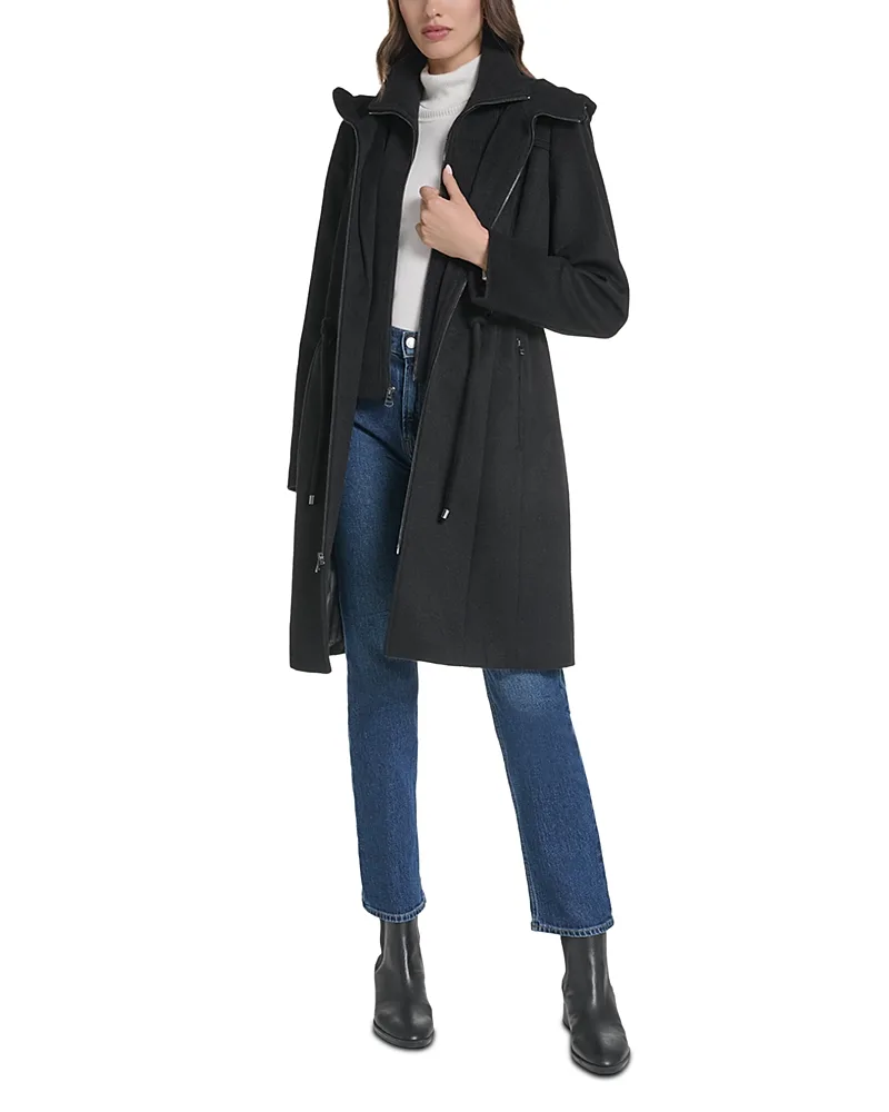 Hooded Slick Wool Blend Coat by COLE HAAN