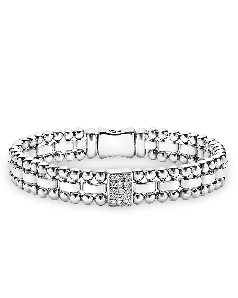 Sterling Silver Caviar Spark Diamond Rectangle Link Bracelet by Lagos