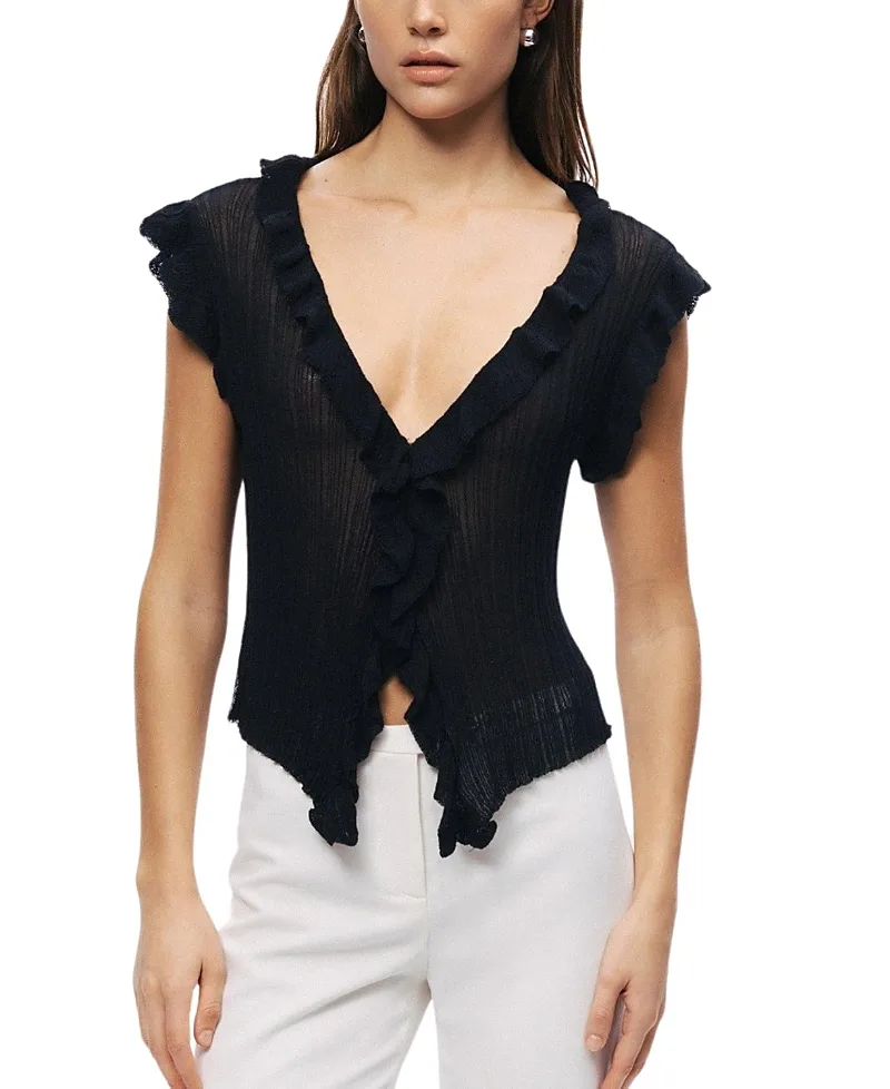 Ruffled V-Neck Sheer Blouse by Nocturne