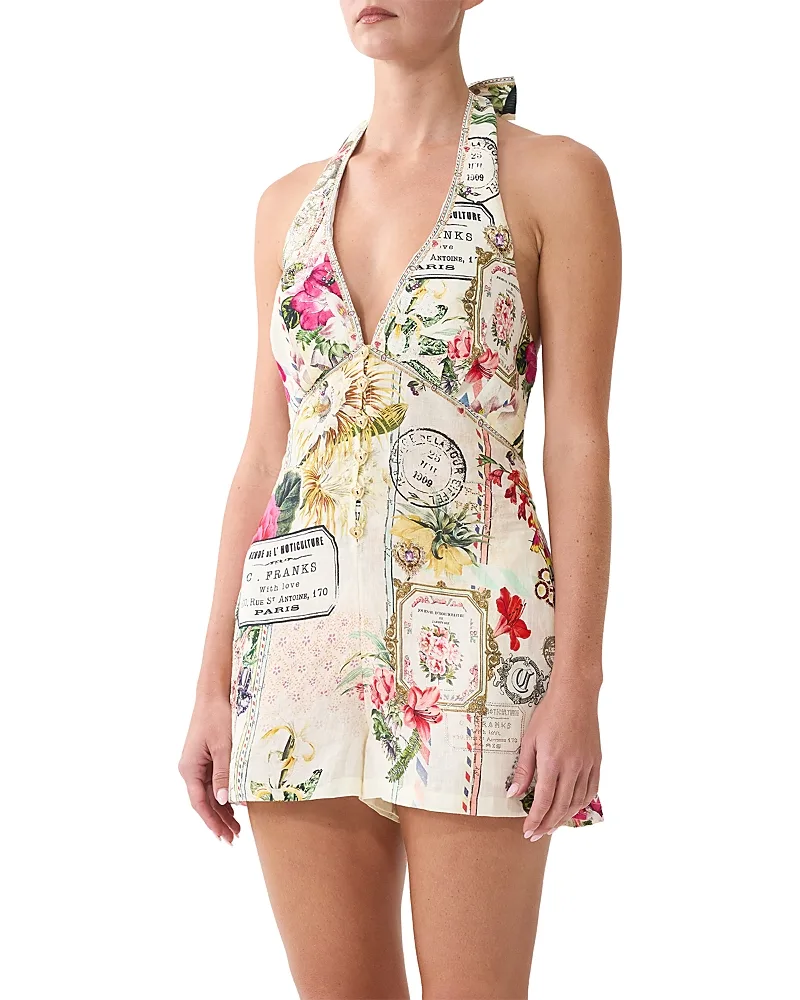 Linen Halter Button Front Romper by Camilla