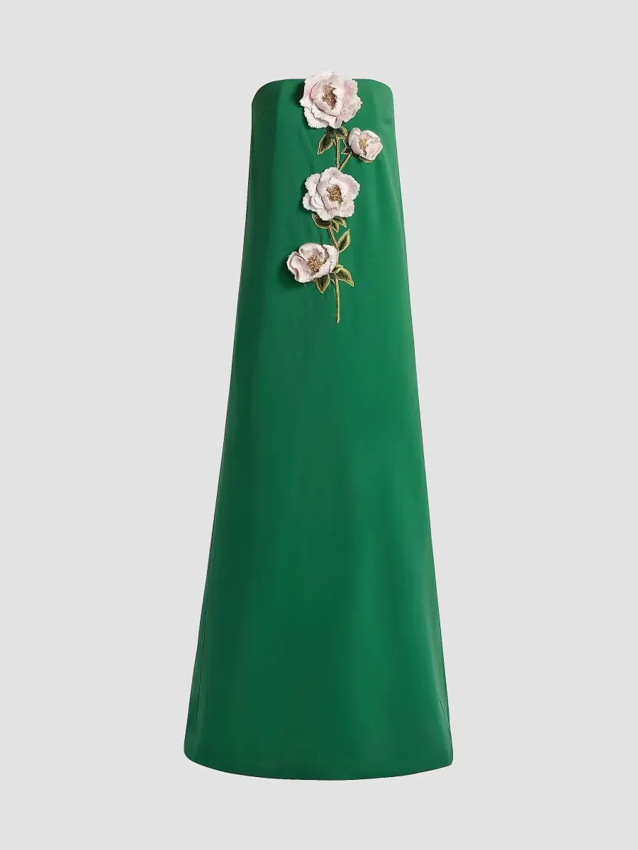 3D Peony-Embroidered Faille Gown