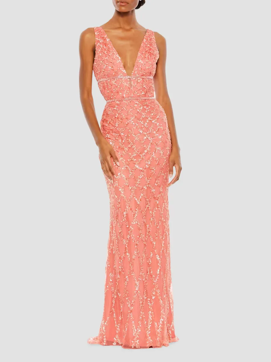 Embellished V-Neck Column Gown by M.A.C.