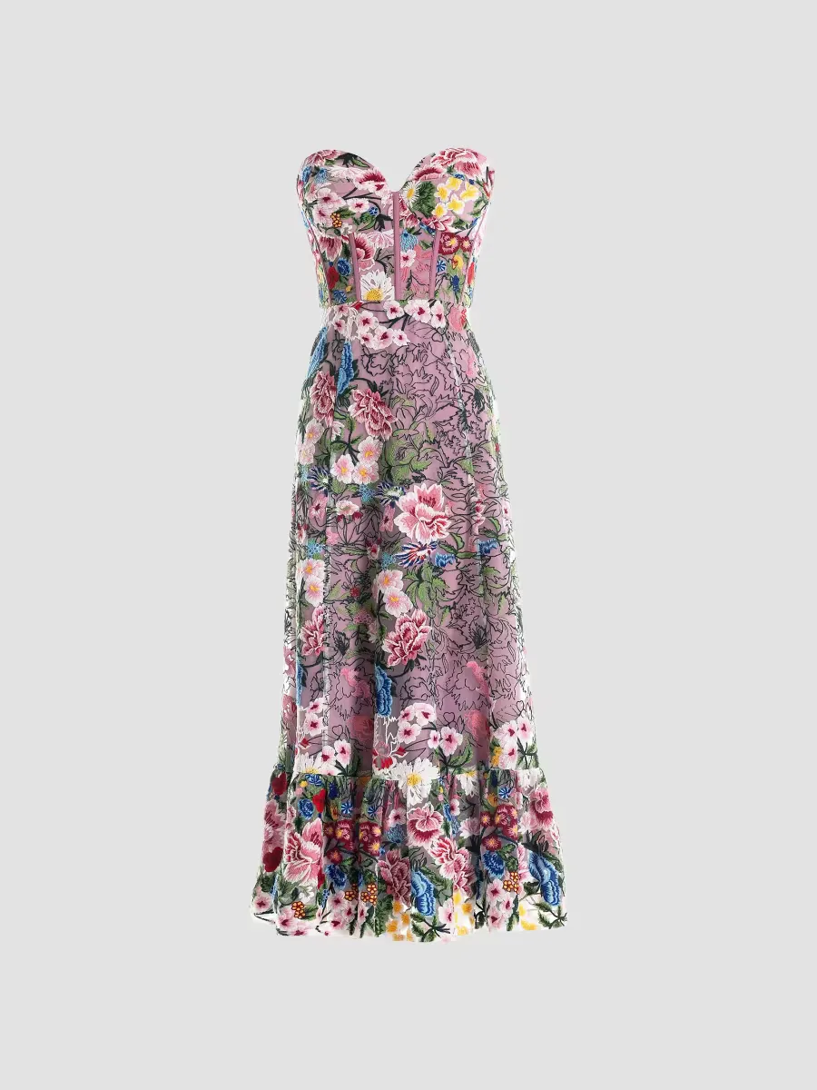 Carina Floral Embroidered Strapless Bustier Fit & Flare Dress