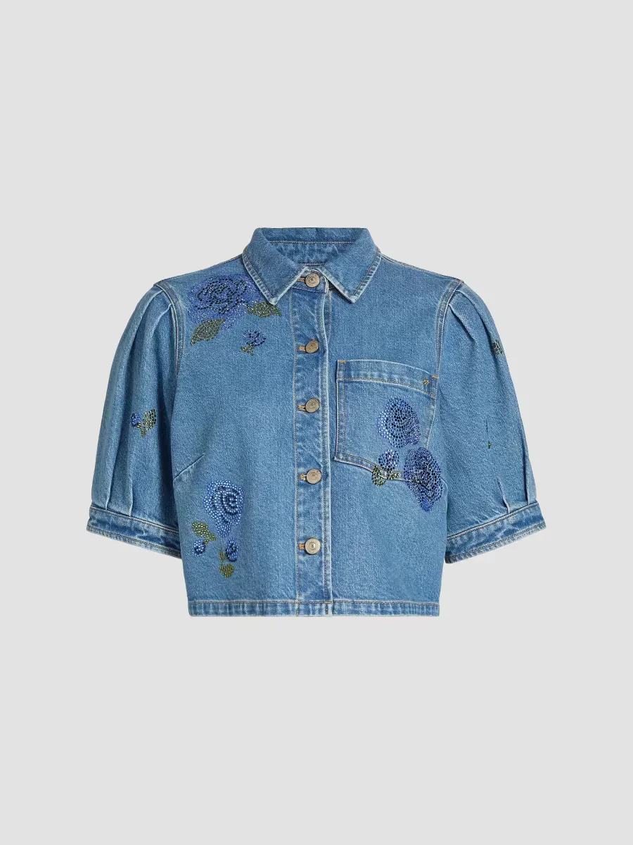 Halsie Crystal Rose Denim Top by Cinq  Sept