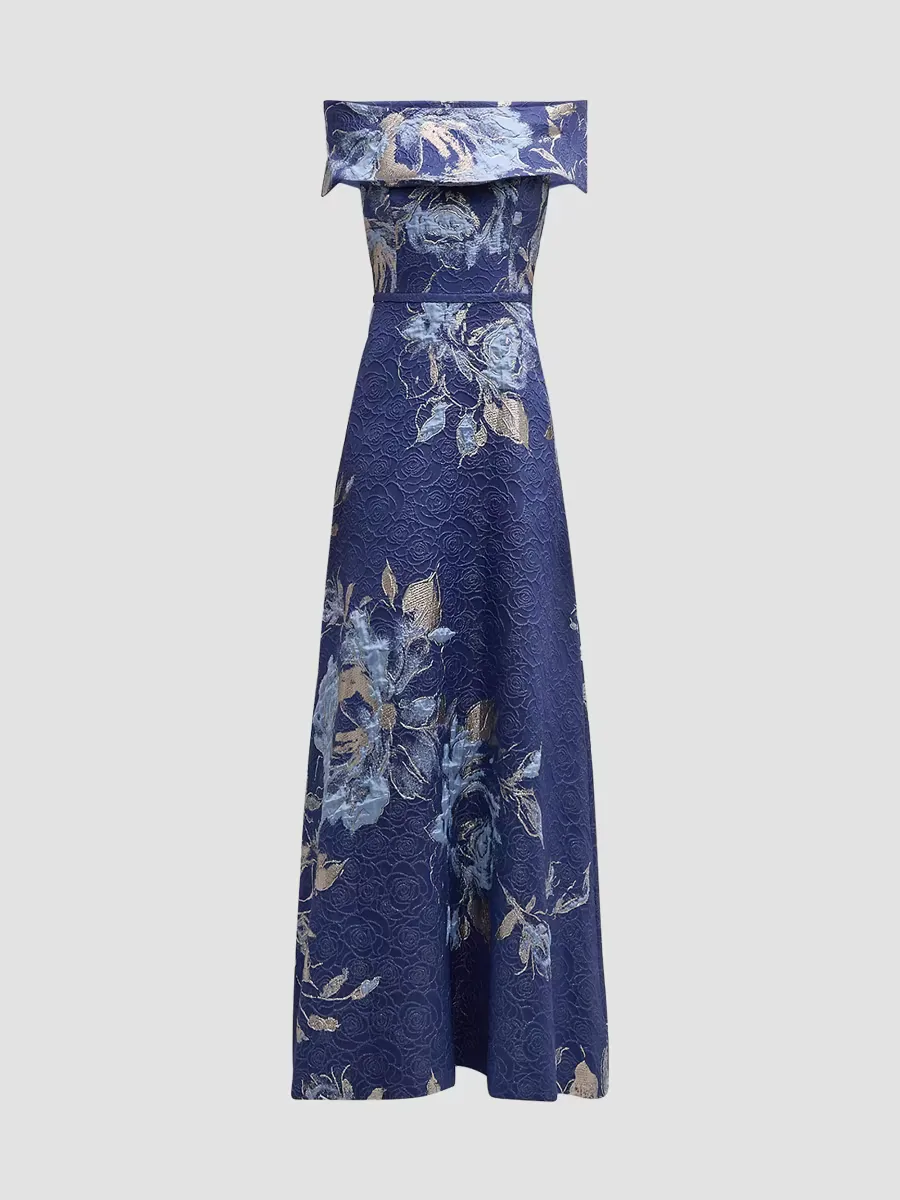 Teri Jon by Rickie Freeman Floral Off-The-Shoulder Gown