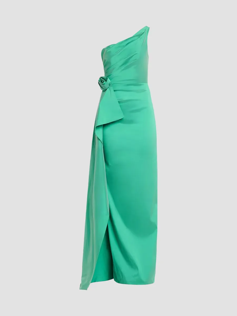 Teri Jon by Rickie Freeman Flower-Corsage One-Shoulder Taffeta Gown