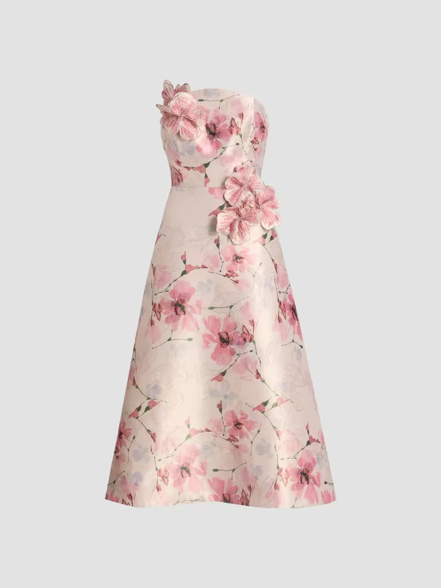 Teri Jon by Rickie Freeman Gazar Strapless 3D Flower Cocktail Dress