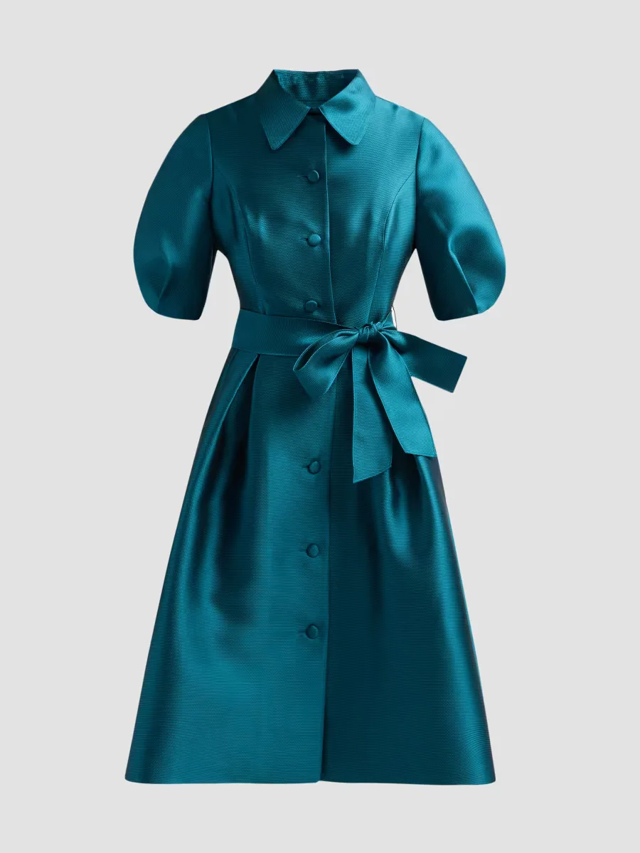 Teri Jon by Rickie Freeman Tie-Waist Faille Knee-Length Shirtdress by Teri Jon