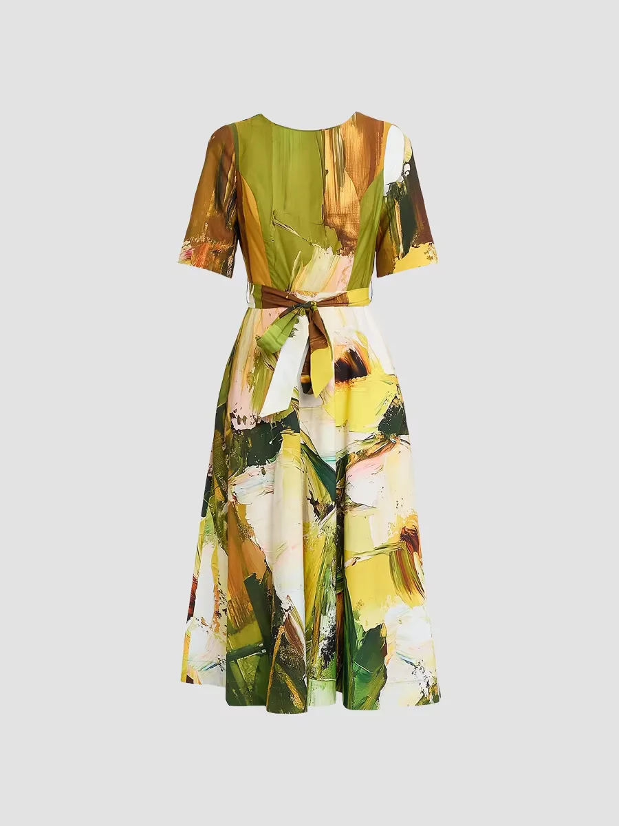 Teri Jon by Rickie Freeman Paint-Print Boatneck Cotton Apron Midi-Dress by Teri Jon