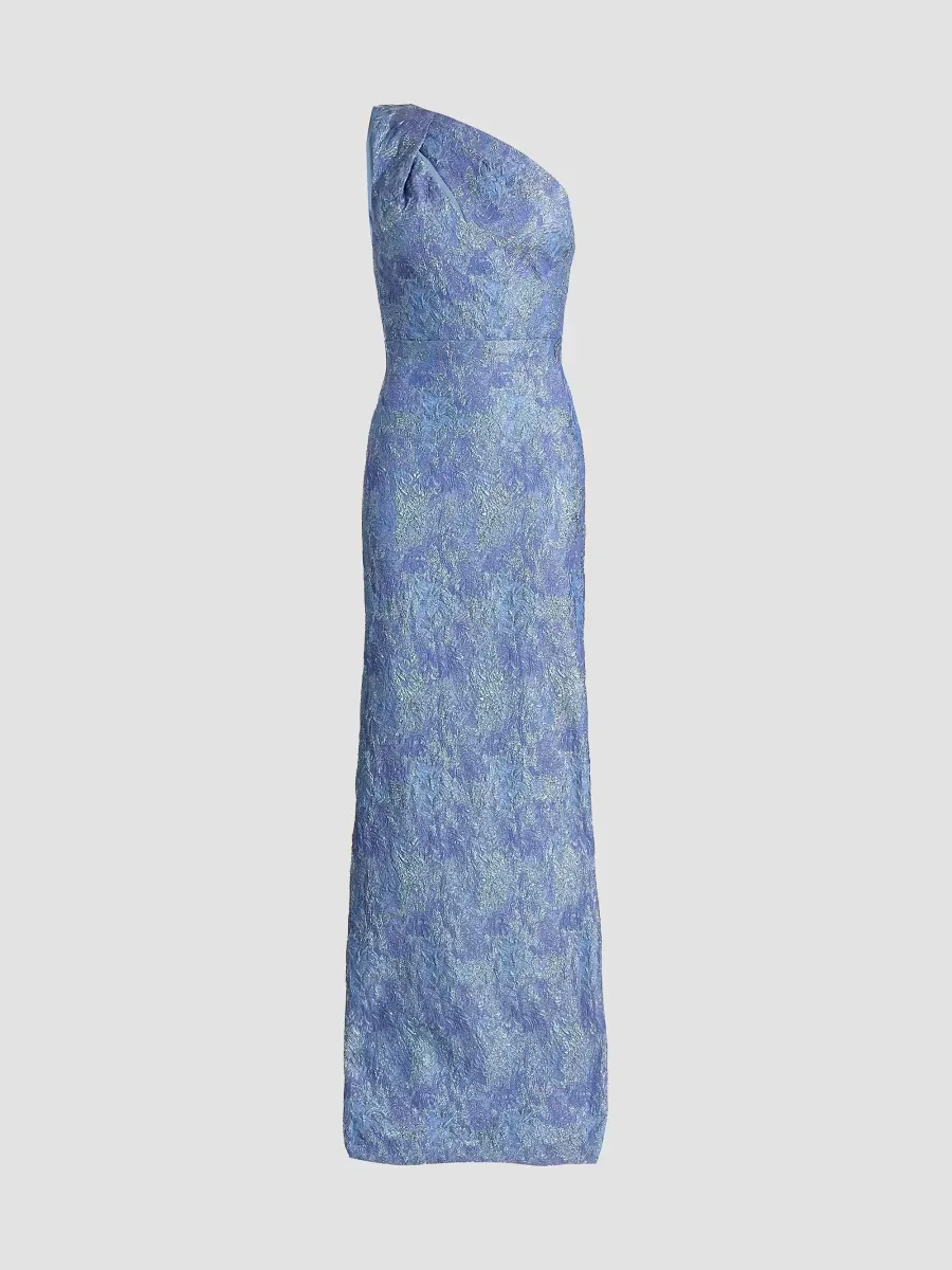 Teri Jon by Rickie Freeman Stretch Jacquard One-Shoulder Gown