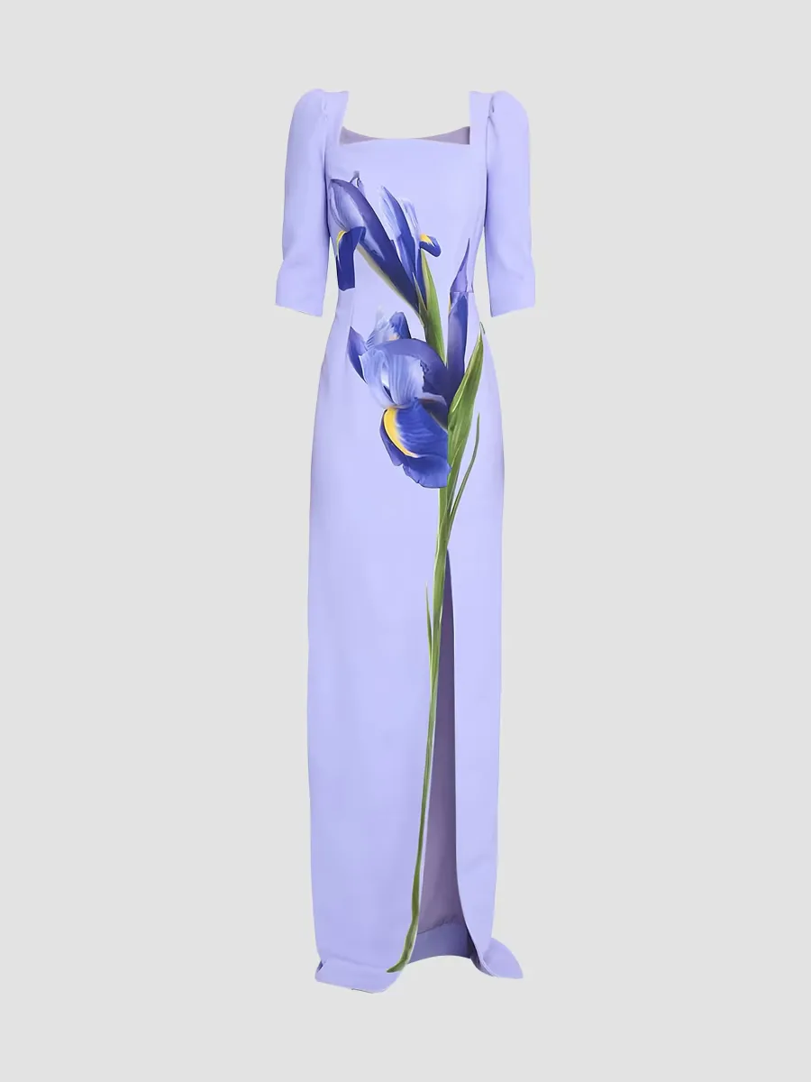 Teri Jon by Rickie Freeman Iris Print Crepe Column Gown by Teri Jon