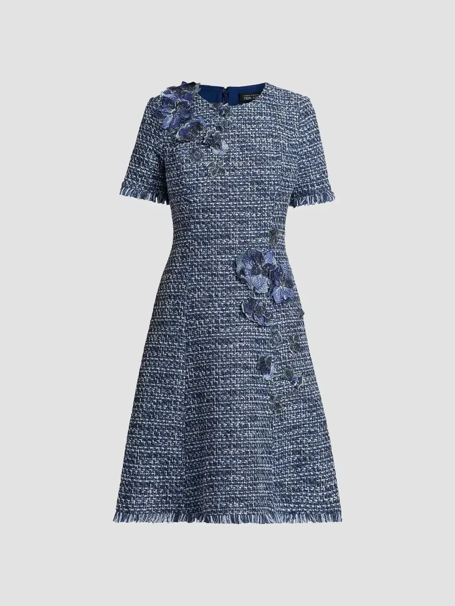 Teri Jon by Rickie Freeman 3D Floral Appliqué Tweed Mini Cocktail Dress by Teri Jon