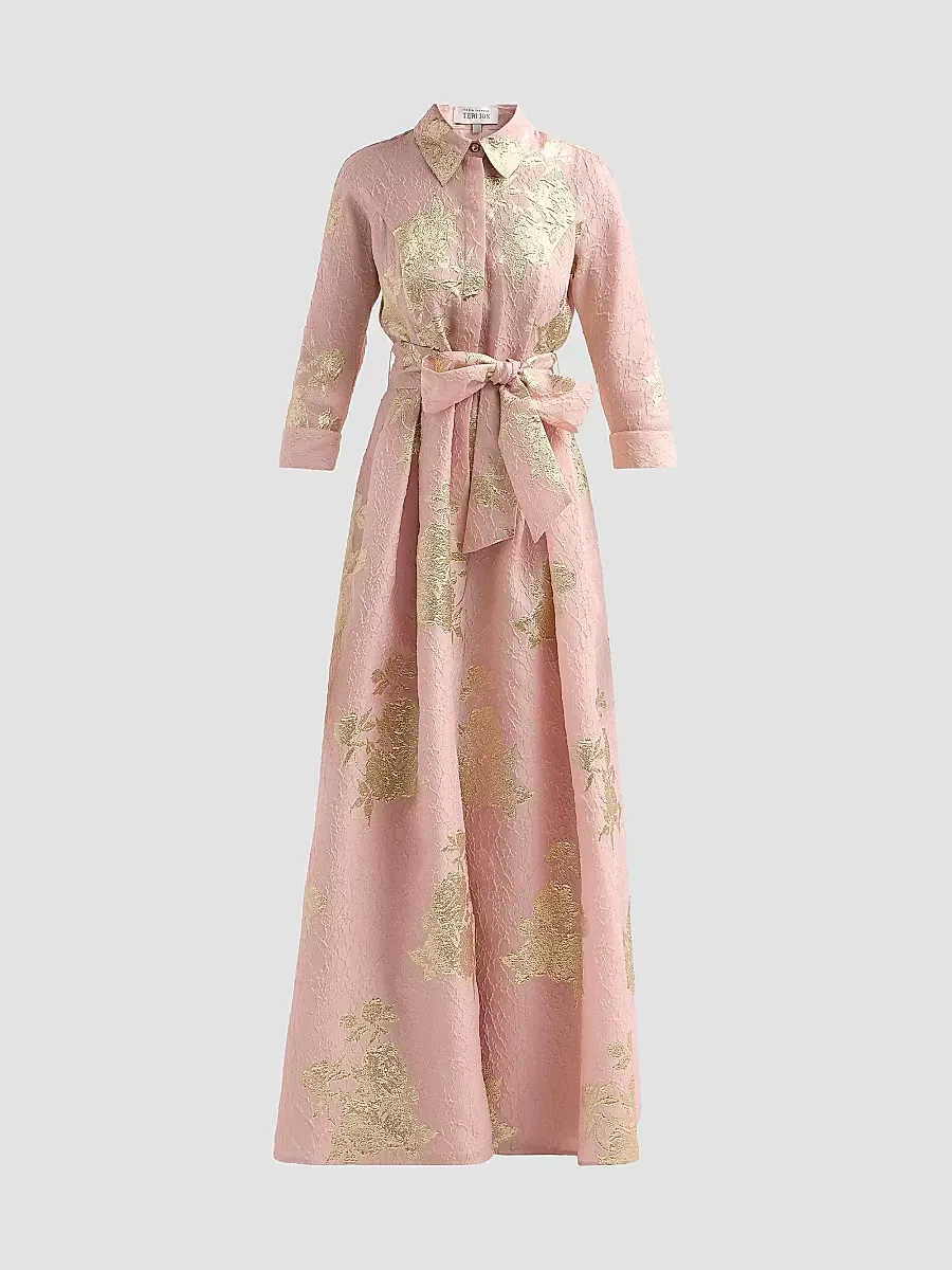 Teri Jon by Rickie Freeman Metallic Floral Jacquard Shirtwaist Gown by Teri Jon