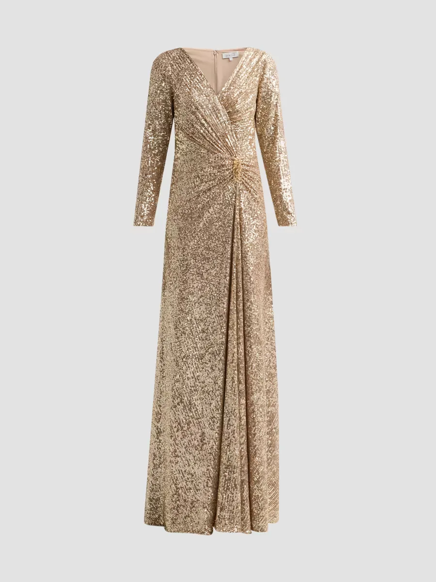 Teri Jon by Rickie Freeman Sequined Twist Long-Sleeve Gown