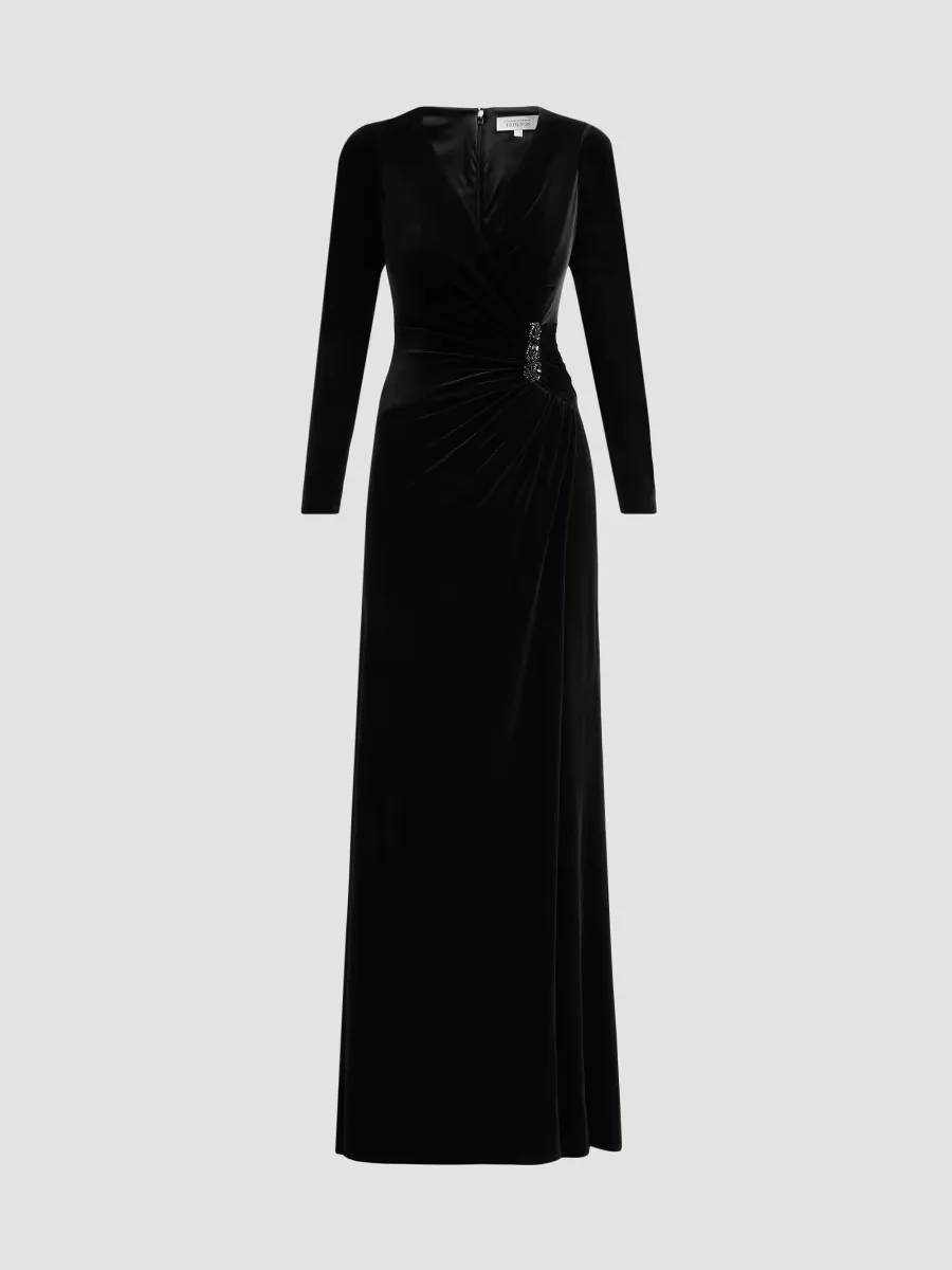 Teri Jon by Rickie Freeman Velvet Beaded Accent A-Line Gown by Teri Jon