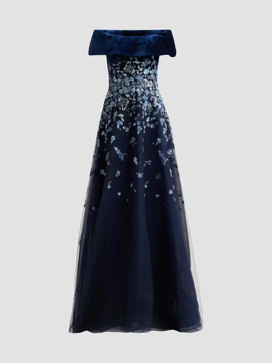 Teri Jon by Rickie Freeman Velvet & Floral-Embroidered Tulle Off-The-Shoulder Gown