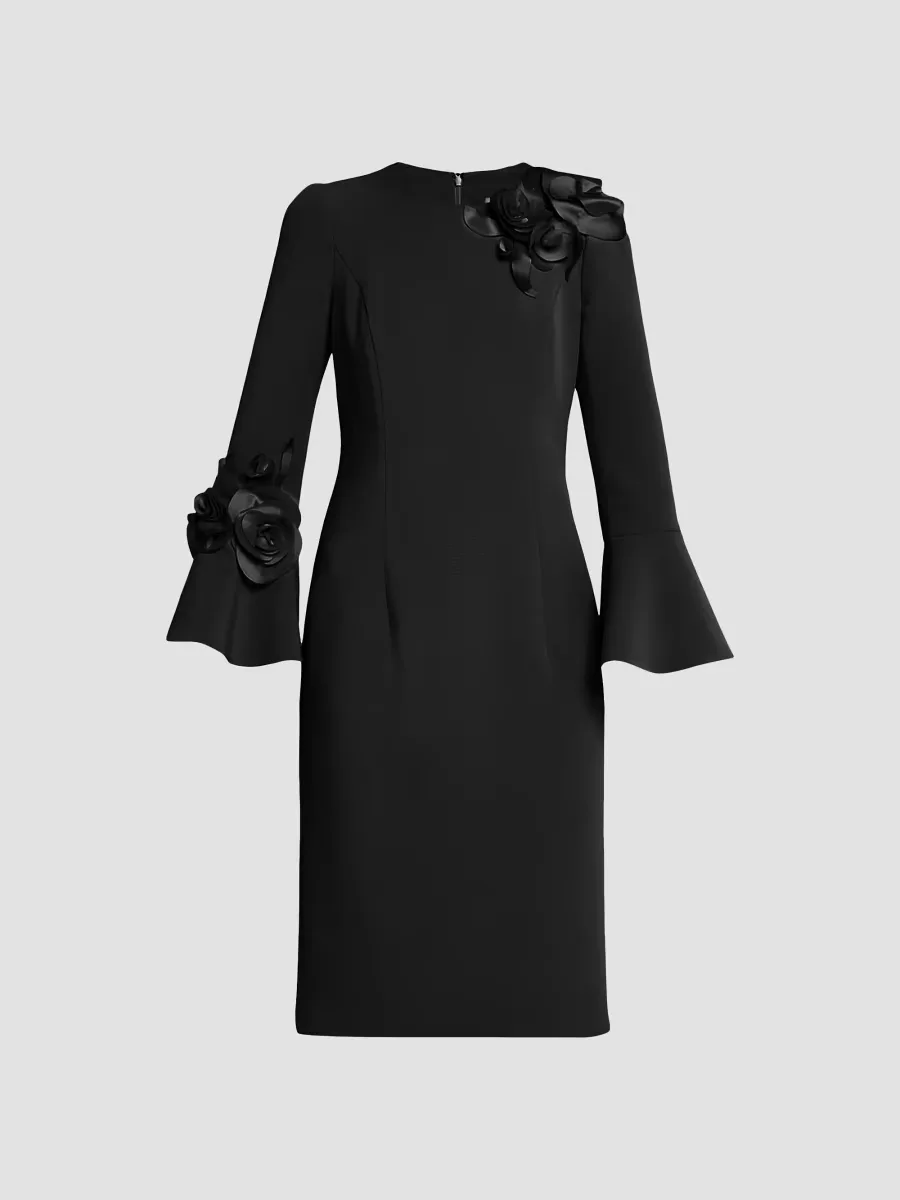 Flower Appliqué Flair-Cuff Mikado Crepe Midi-Dress by Teri Jon