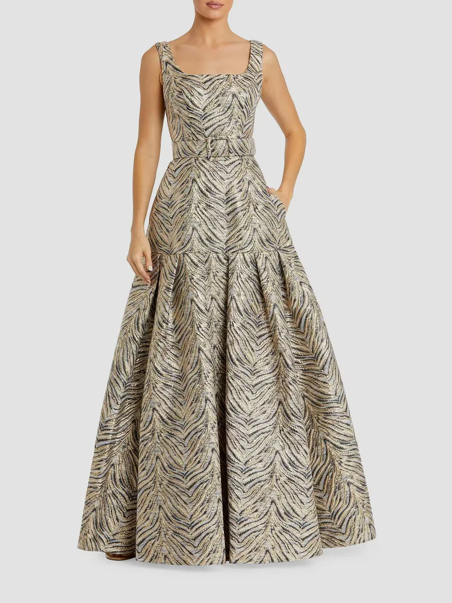 Mac Duggal Evening Metallic Brocade Belted Gown by M.A.C.