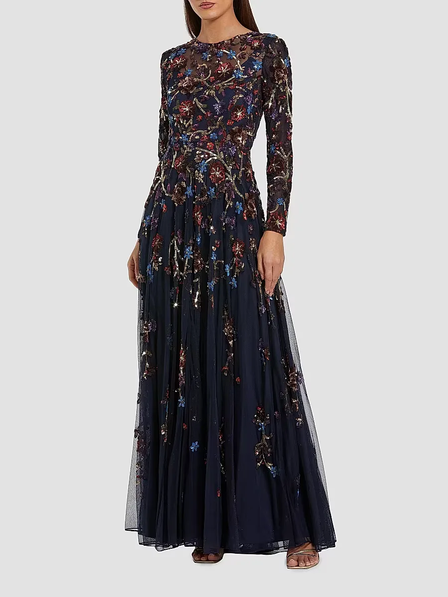 Mac Duggal Floral Beaded Mesh A-Line Gown