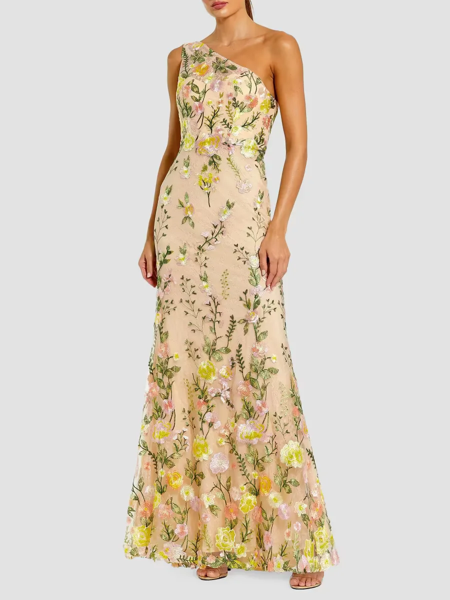 Mac Duggal Floral-Embroidered One-Shoulder Gown