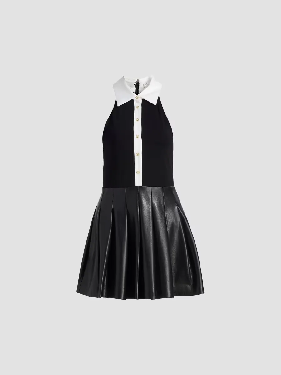 Tate Faux Leather Sleeveless Polo Mini Shirtdress by Alice + Olivia