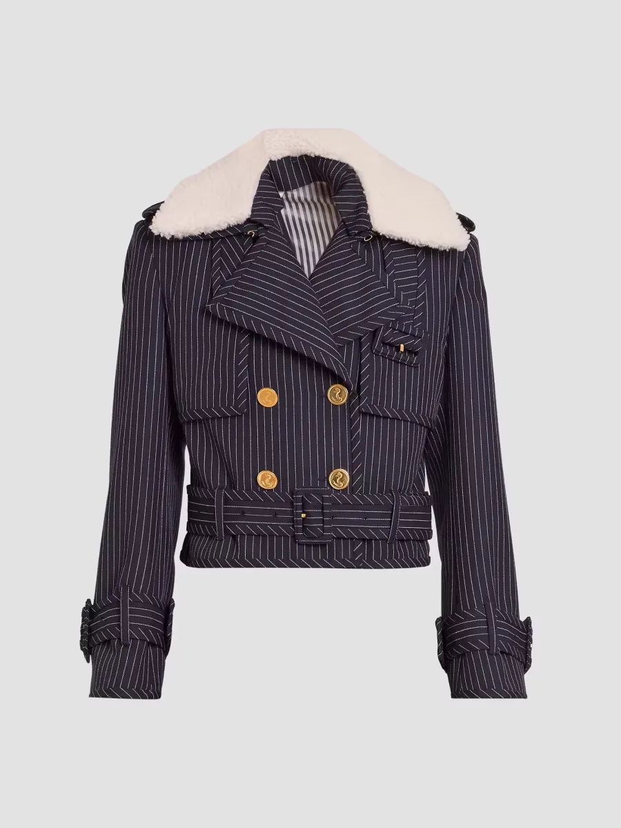 Striped Virgin Wool-Shearling Trench Jacket by Thom Browne