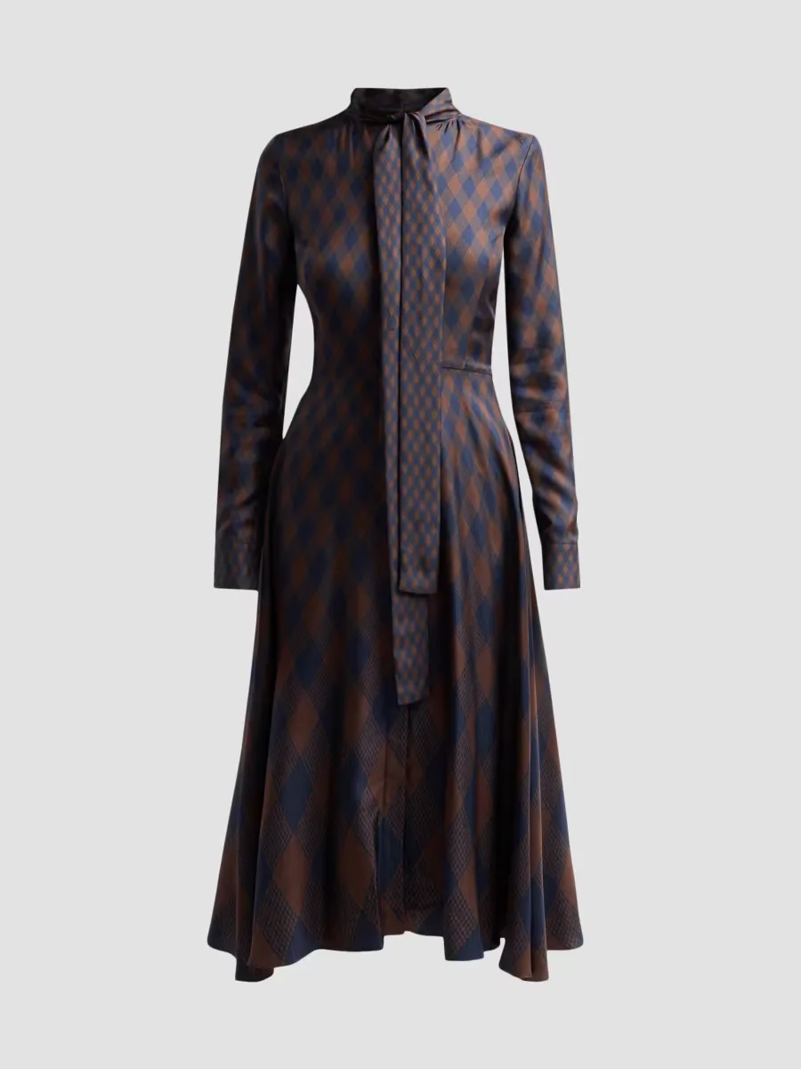 Argyle Silk Twill Tieneck Day Dress by Oscar de la Renta