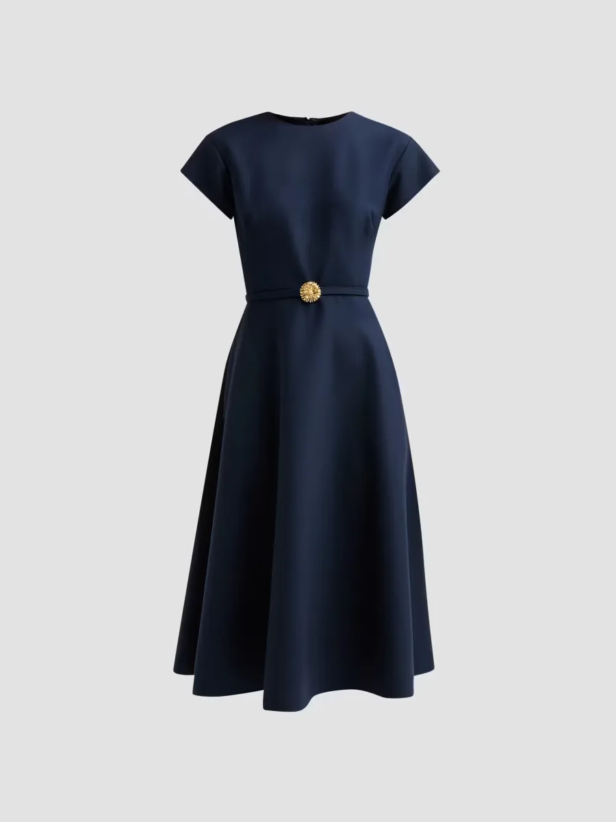 Stretch Wool Short Sleeve Midi Dress by Oscar de la Renta