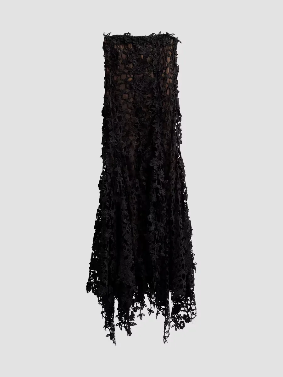Leafy Fringe Botanical 3D Guipure Strapless Cocktail Dress by Oscar de la Renta