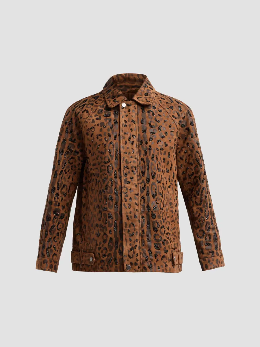 Lana Leopard-Print Embellished Suede Jacket