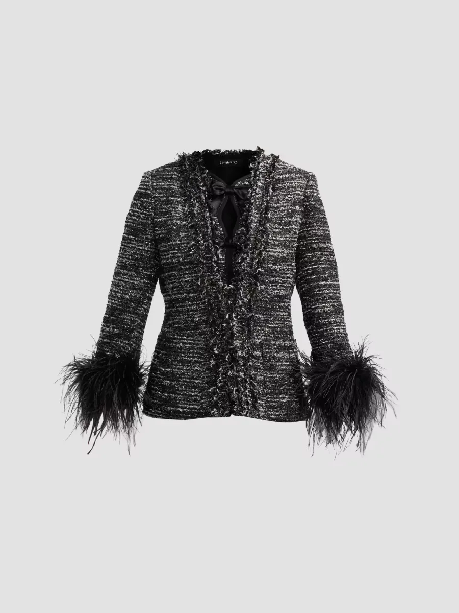 Adley Ostrich Feather-Trim Tweed Jacket by Ungaro