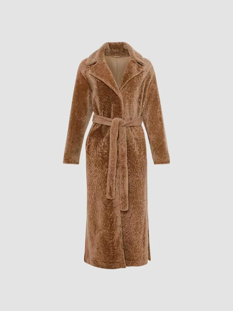 Reversible Textured Shearling Lamb Coat with Side Slits Belt by Gorski