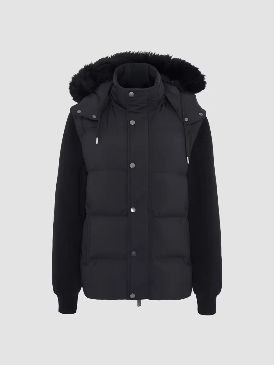 Quilted Down Bomber Jacket with Detachable Sleeves and Shearling Hood by Gorski