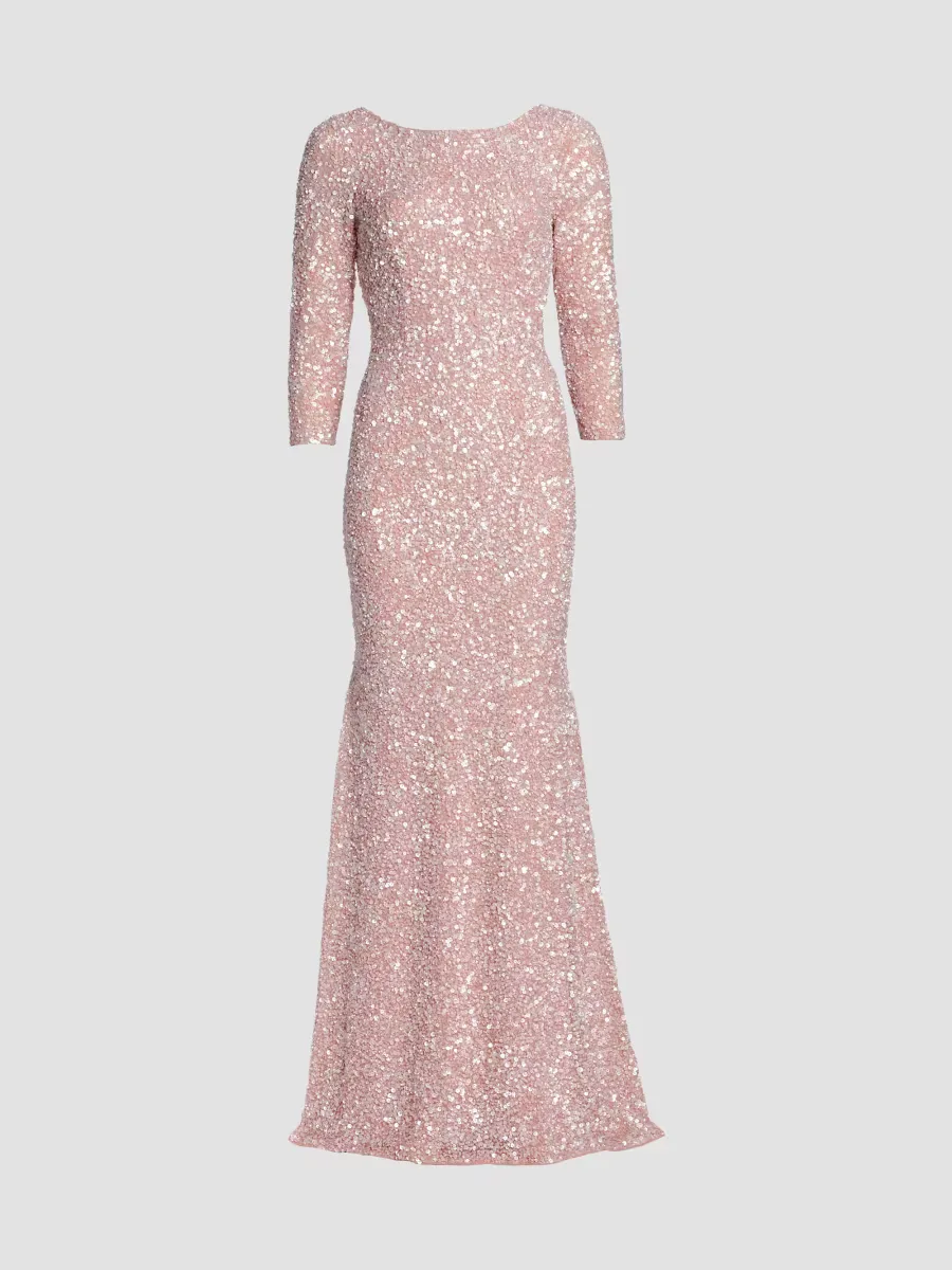 Three-Quarter Sleeve Sequin Sheath Gown by Theia