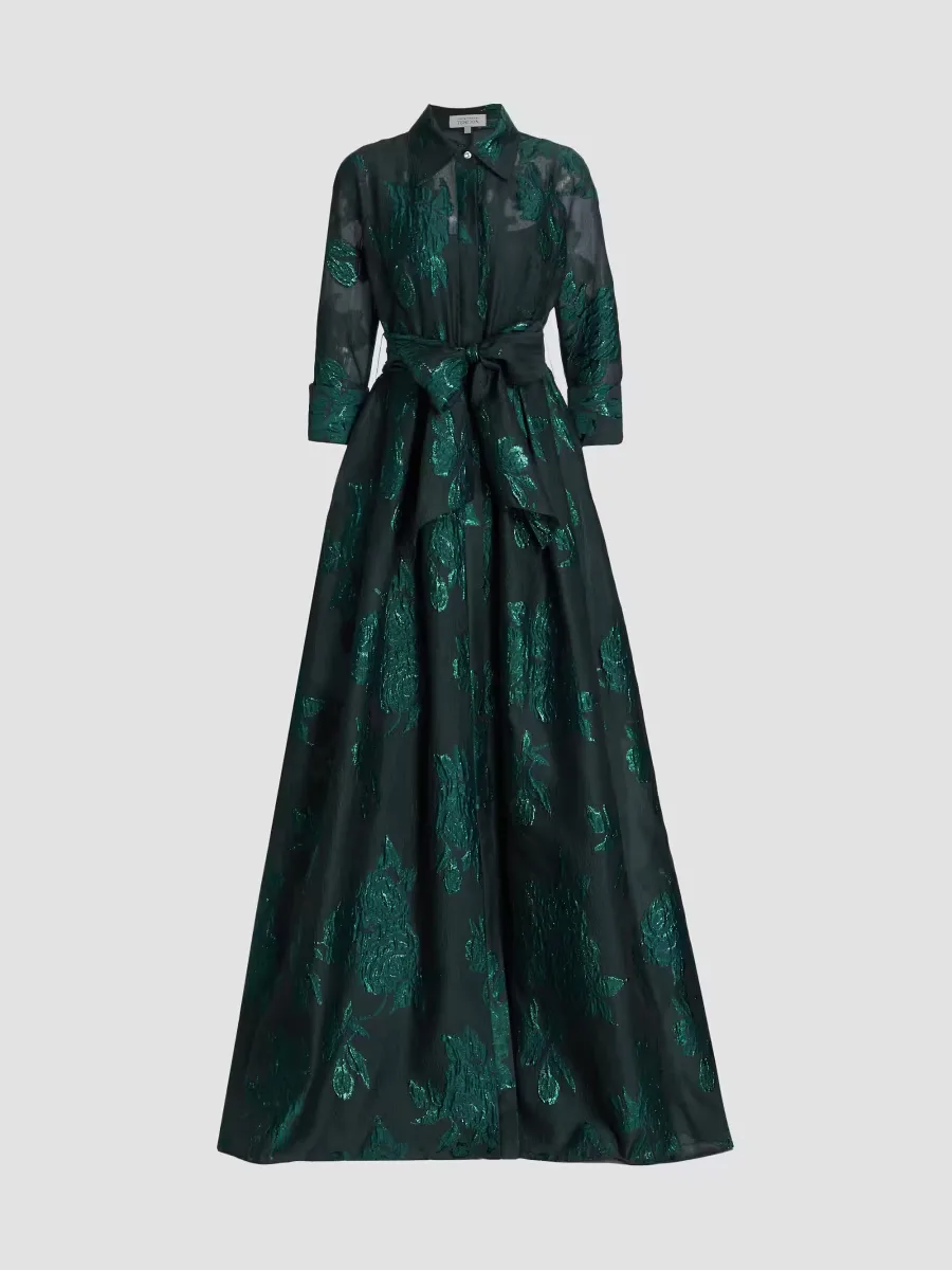 Three-Quarter Sleeve Metallic Jacquard Shirt Waist Gown by Teri Jon