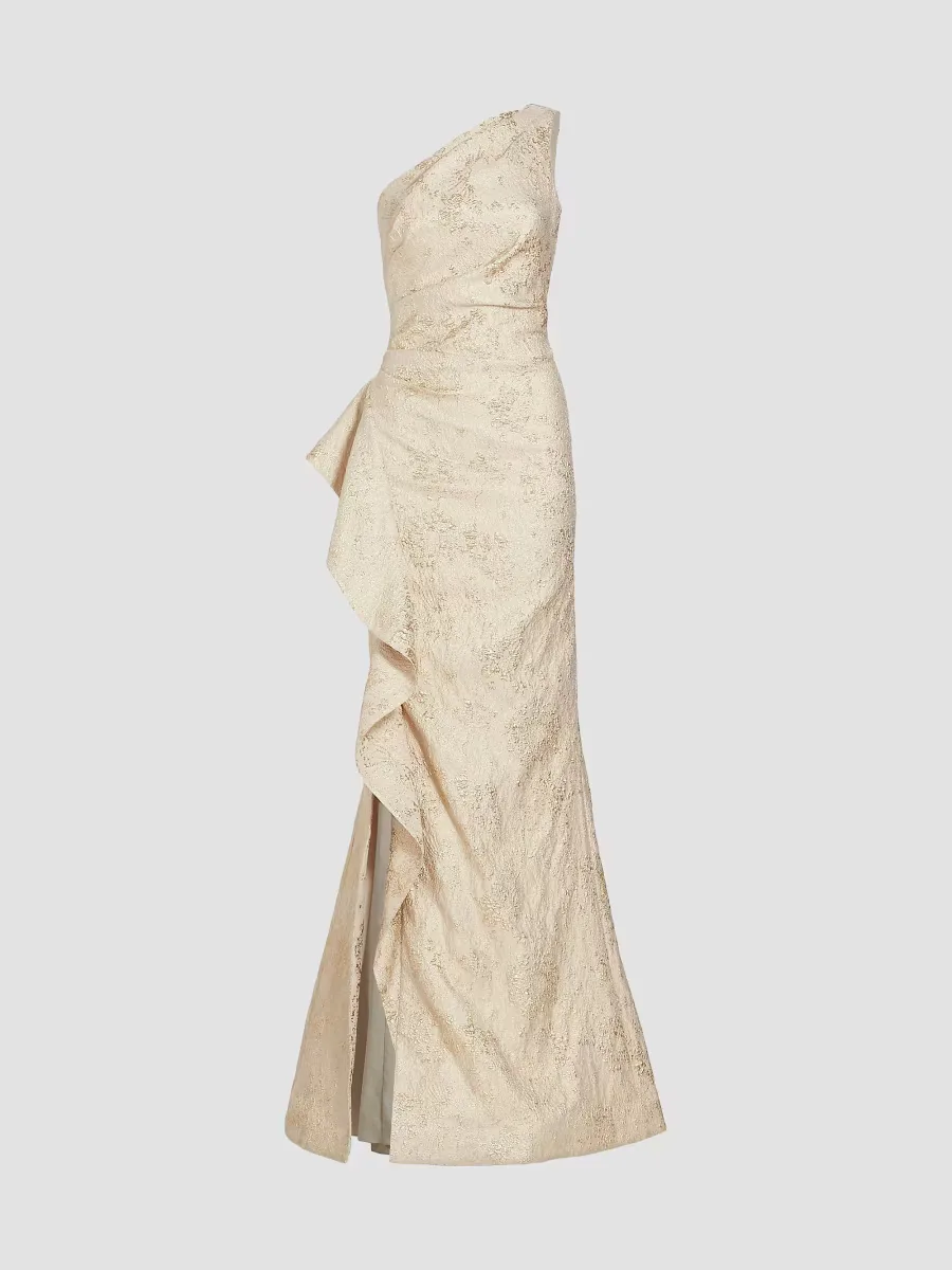 Metallic Jacquard One-Shoulder Gown