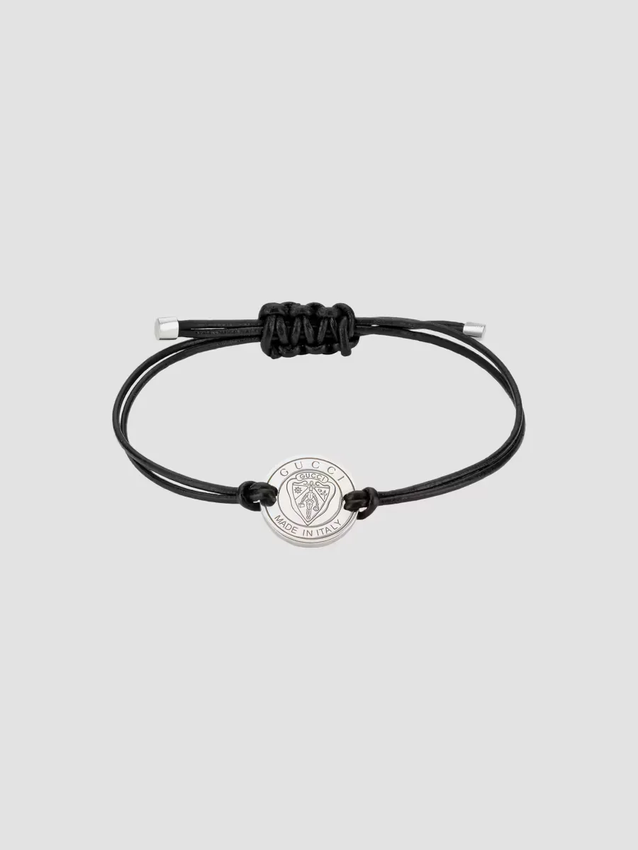 Leather & Sterling Silver Crest Charm Bracelet by Gucci