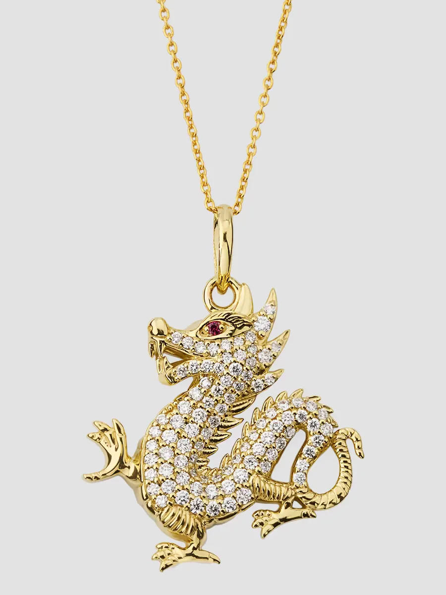 18K Yellow Gold, Ruby & 0.40 TCW Diamond Dragon Pendant Necklace by Roberto Coin