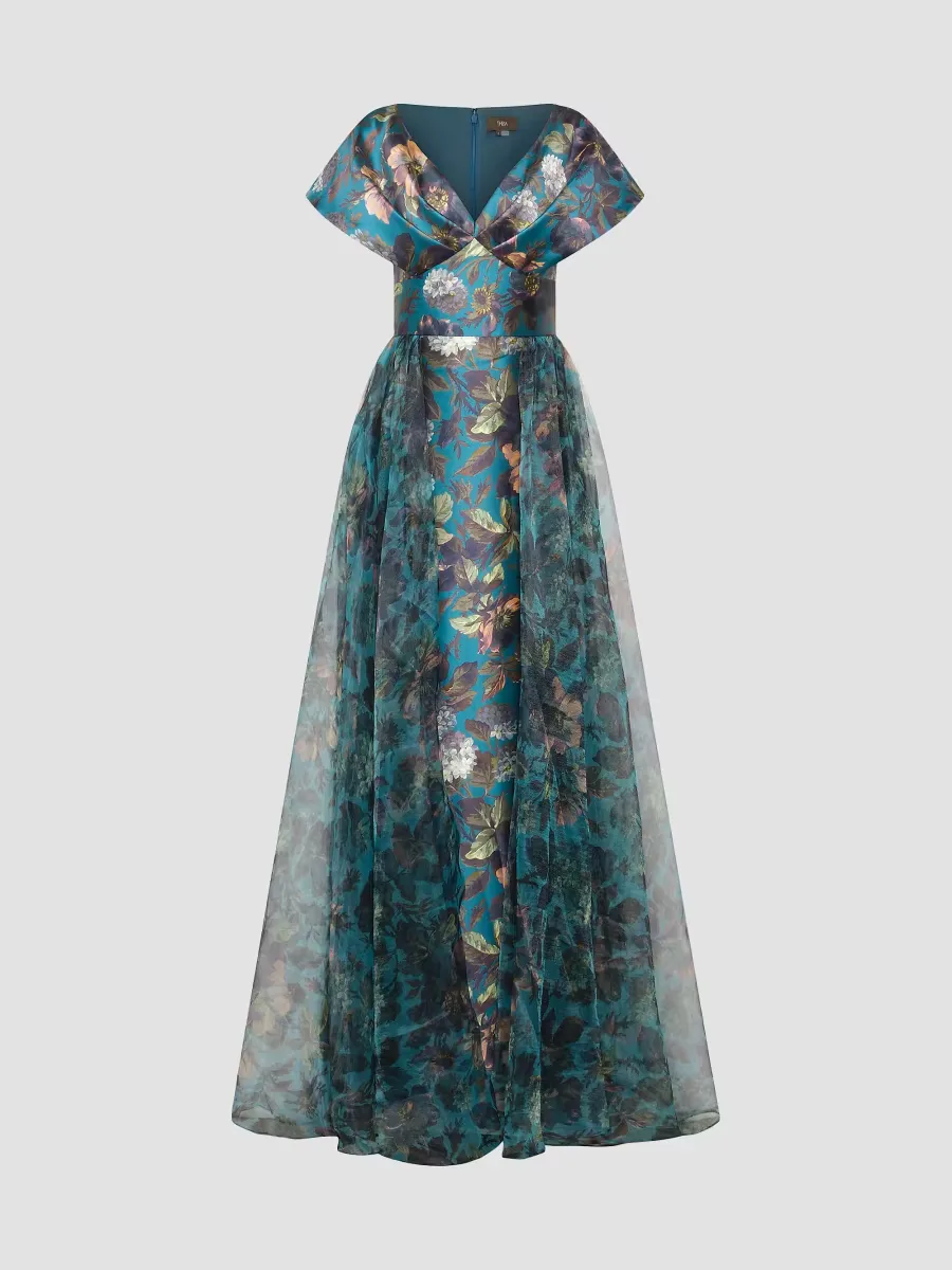 Azaria Floral Mikado Draped V-Neck Gown by Theia