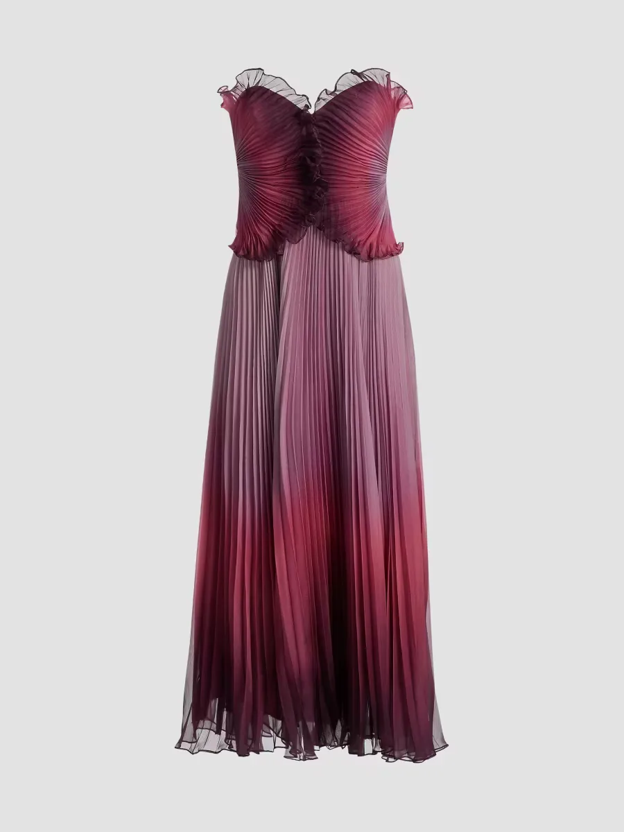 Delyth Pleated Strapless Tea-Length Dress