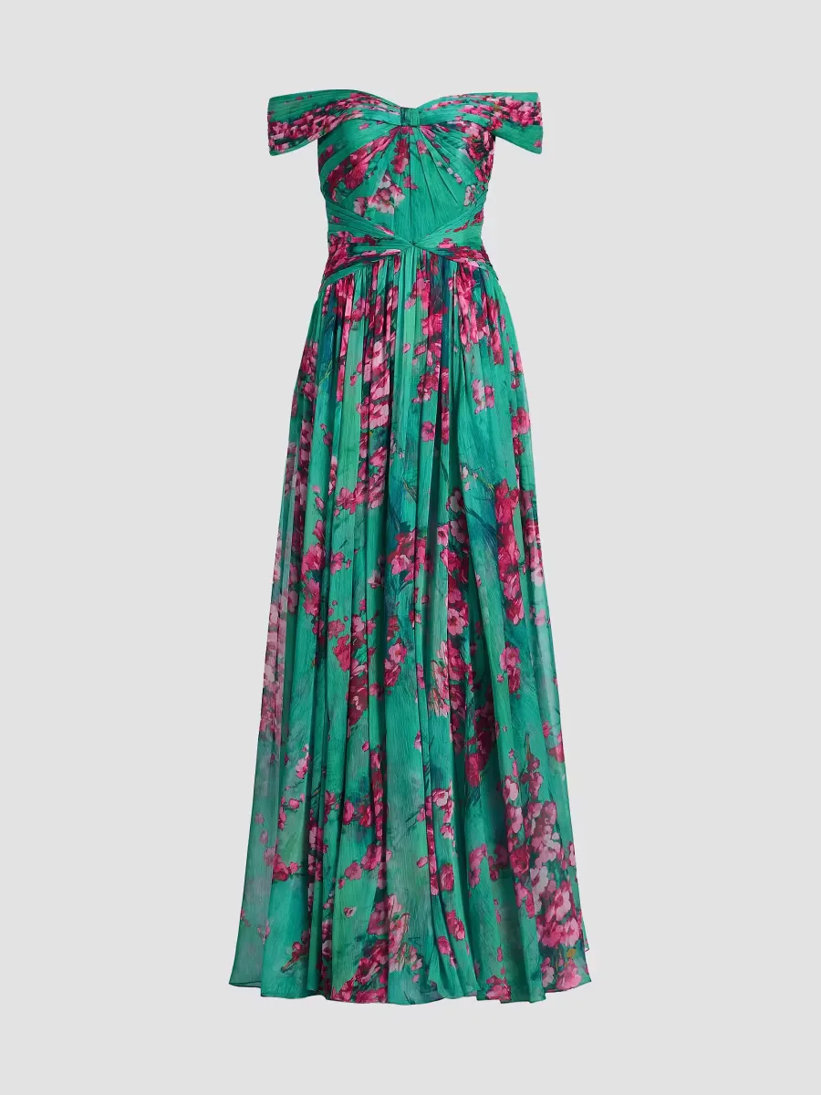 Sabina Floral Chiffon Off-The-Shoulder Gown by Theia