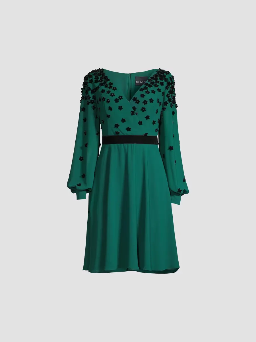 Flocked Velvet Surplice Dress by Shani