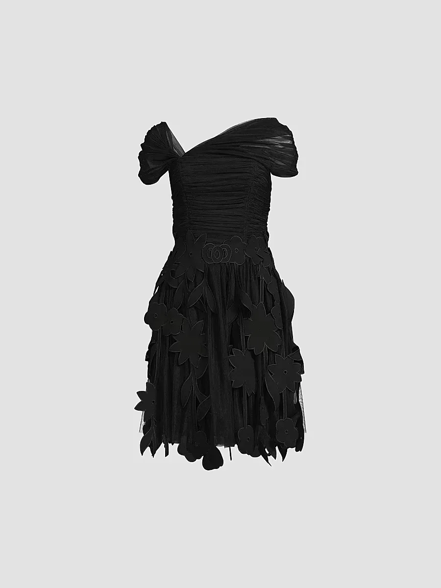 Ruched Tulle Laser-Cut Minidress by Shani