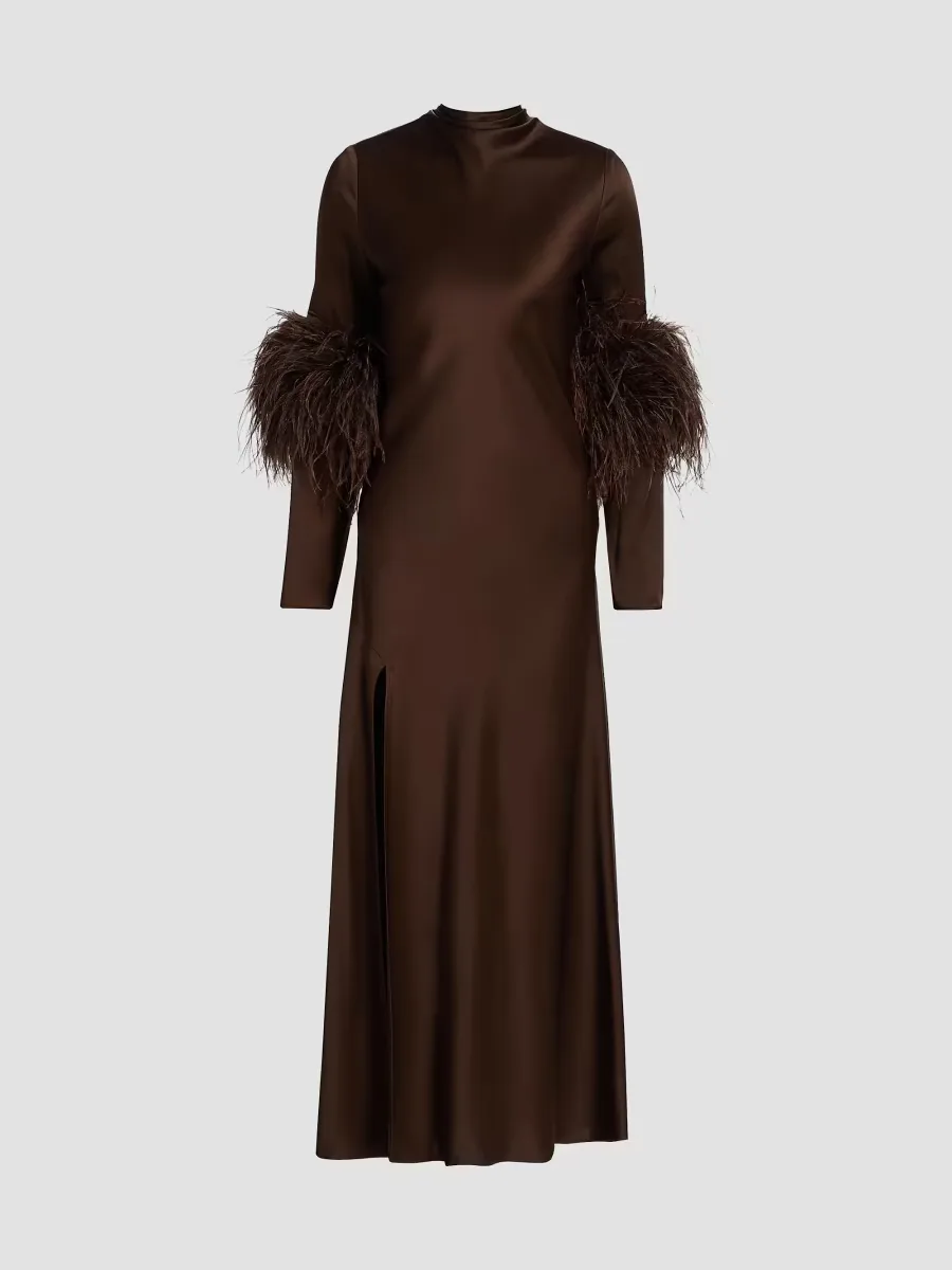 Satin Feather-Cuff Draped Gown by LaPointe