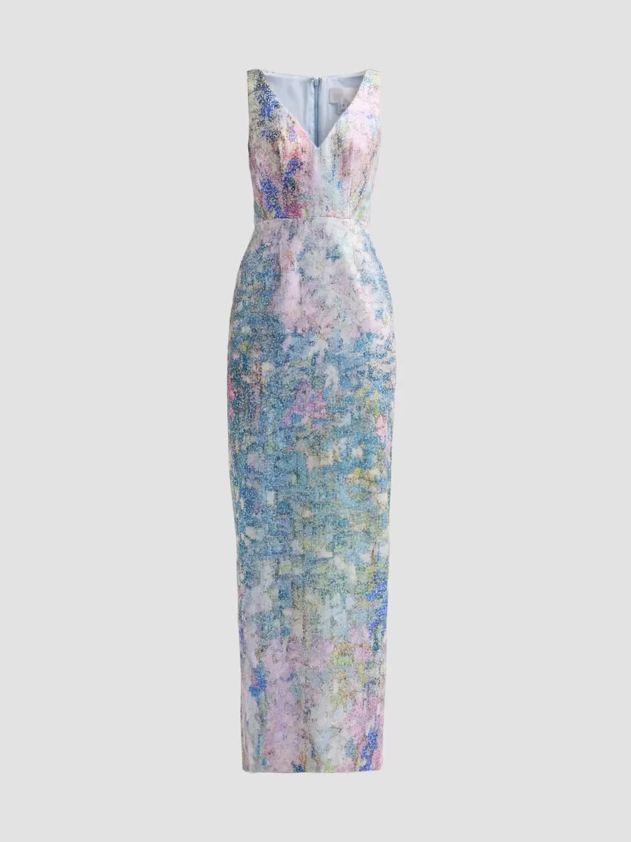 Abstract Embellished Tulle V-Neck Gown by Pamella Roland