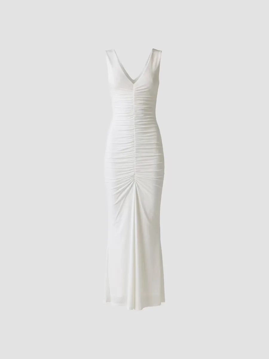 Inez Sleeveless V-Neck Ruched Maxi Dress by Toccin